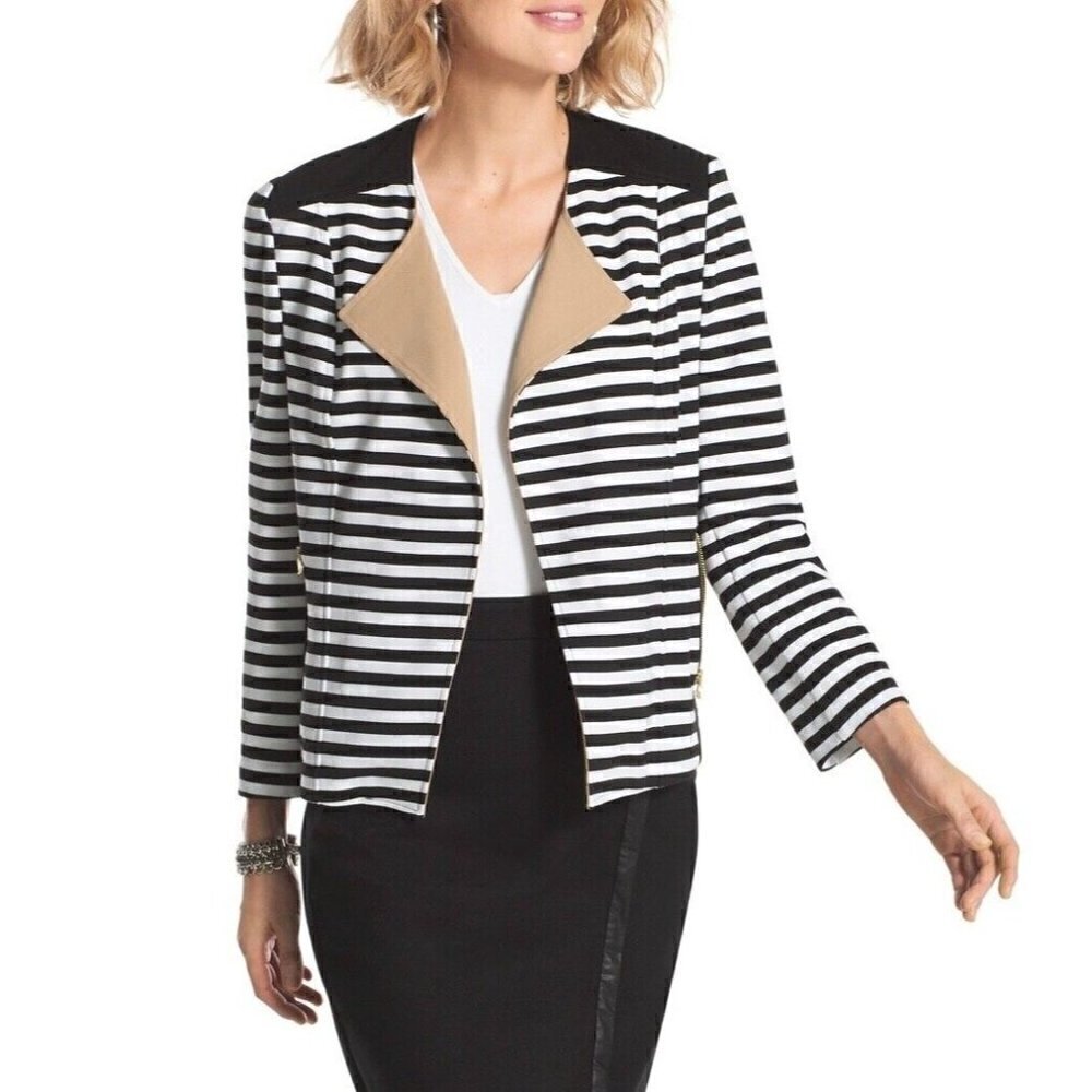 Chico's 1 Sz M Black Striped Moto Jacket Blocked Ponte Knit Tuxedo Blazer